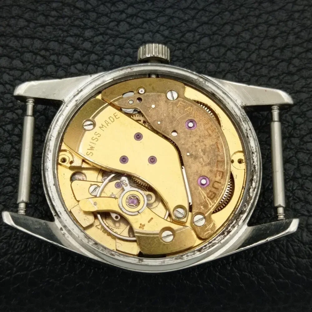 Vintage 1972 Favre Leuba Manual Mens Silver Watch W/Black Strap
